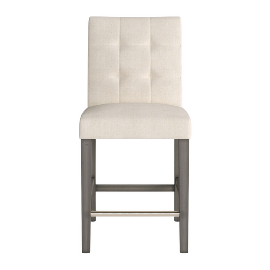 Upholstered 25" Counter Height Bar Stool – Modern Farmhouse Design with Tufted Back, Foam Padded Seat, Washed Grey Solid Wood Legs, and Durable Steel Footrest