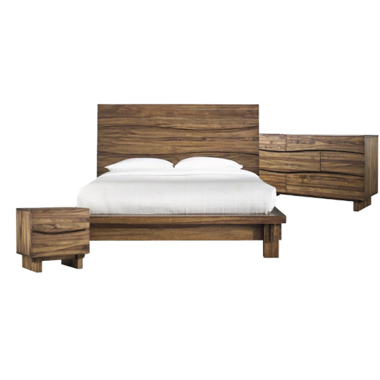 Boho-Inspired Configurable Bedroom Set with Bold Design, Solid Wood Construction, and Wavy Accents - Includes Platform Bed, Nightstand, and 6-Drawer Dresser in Rich Brown Finish
