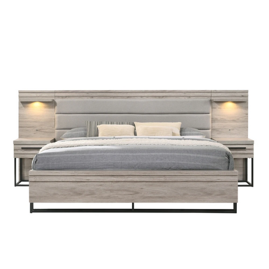 Upholstered Wood Wallbed Set with White LED Lights, Dresser, Mirror, Chest, and 2 Nightstands in Weathered Gray