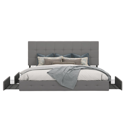 Queen Size Upholstered Platform Storage Bed with Tufted Button Accent Design