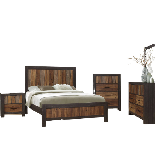 3-Piece Dark Ebony and Rustic Mahogany Modern Panel Bedroom Set – Embossed Faux-Wood Veneer, Rich Acacia Tones, and Dark Metal Hardware