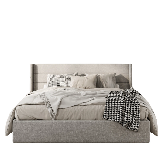 Modern King Size Upholstered Platform Bed with Hydraulic Lift Storage – Sleek Grooved Headboard, Space-Saving Design, and No Box Spring Needed