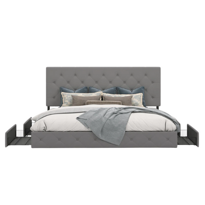 King Size Upholstered Platform Bed with Storage Drawers, Padded Headboard, and Sophisticated Button Tufting