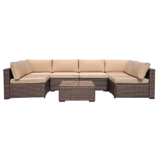 7-Piece Modular Patio Furniture Set | Wicker Outdoor Sectional Sofa with PE Rattan, Plush Pillowtop Cushions, and Coffee Table