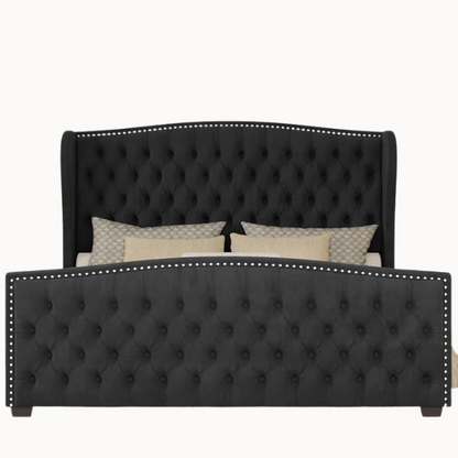 Velvet Queen Size Bed with Button Tufted Upholstery, Nailhead Trim, and Wingback Headboard
