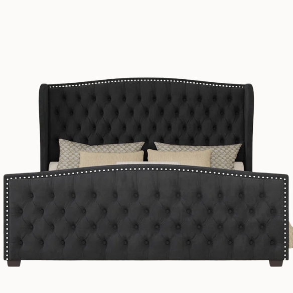 Velvet Queen Size Bed with Button Tufted Upholstery, Nailhead Trim, and Wingback Headboard