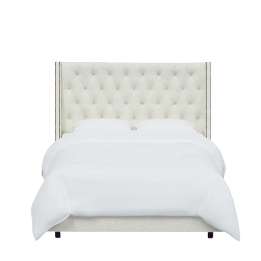 Chic Upholstered Wingback King Size Bed with Button Tufting and Nailhead Trim