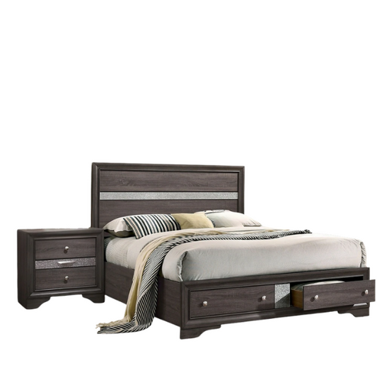 Modern Style 2-Piece Grey Storage Platform Bedroom Set with Panel Bed, Nightstand, and Sleek Silver Accents