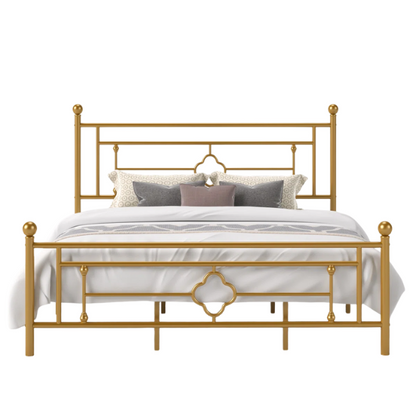 Elegant Metal Open-Frame Platform Bed with Quatrefoil Design and Classic Finial Posts – Timeless French Country Style with Under-Bed Storage
