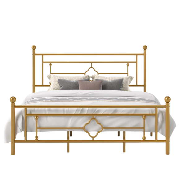 Elegant Metal Open-Frame Platform Bed with Quatrefoil Design and Classic Finial Posts – Timeless French Country Style with Under-Bed Storage