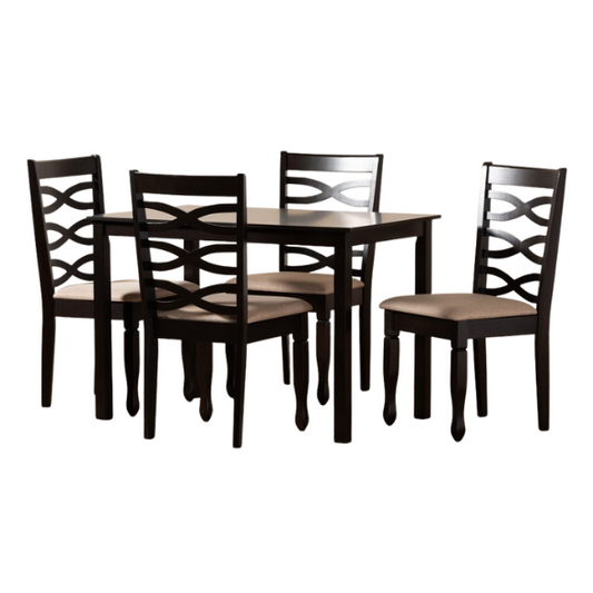 Contemporary 5-Piece Fabric & Wood Dining Set – Dark Walnut Table with Beige & Gray Upholstered Chairs