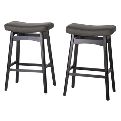 24-Inch Solid Wood Barstools with Linen/PU Leather Fabric Cushion – Set of 2 Backless Saddle Seat Counter Stools for Modern Living