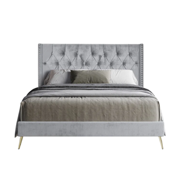 Luxurious King Size Upholstered Wingback Bed with Velvet Upholstery – Elegant Diamond Tufting, Nailhead Trim, Gold-Finished Feet, and Foam-Padded Headboard for Ultimate Comfort and Style