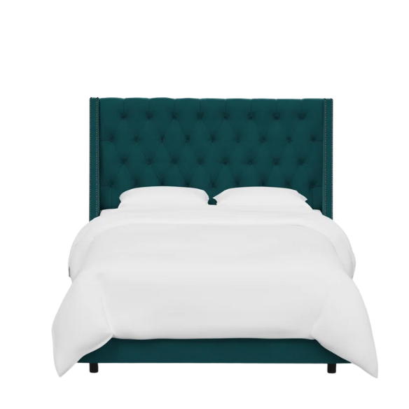 Chic Upholstered Wingback King Size Bed with Button Tufting and Nailhead Trim