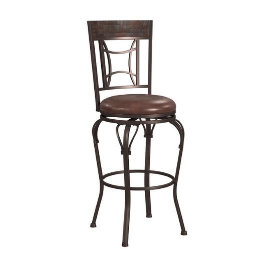 Metal Swivel Stool – Dark Chestnut Finish with Distressed Wood Rail, Geometric Back Design, Antique Brown Faux Leather Seat, 360° Swivel, Counter & Bar Height Options