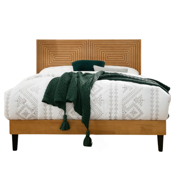 Mid-Century Modern King Size Solid Wood Platform Bed with Adjustable Height Headboard – Stylish Streamlined Design for a Contemporary Bedroom Look