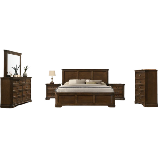 Transitional 6-Piece Bedroom Set with Panel Bed, Dresser, Mirror, Chest, and Nightstands – Featuring Trio Panel Headboard and Footboard, Dust-Proof Drawers, Dual-Tone Finish, and Dark Nickel Hardware for a Stylish and Functional Bedroom