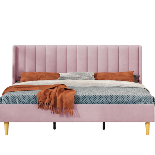 Luxury Corduroy Upholstered King Size Platform Bed Frame - Stylish Modern Wingback Design with Ultimate Comfort