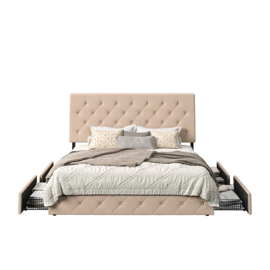 King Size Upholstered Platform Storage Bed with Spacious Drawers, Quiet Structure, and Sleek Minimalist Design