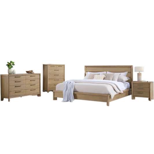 Sand Dune Queen Bedroom Set – Coastal-Inspired Panel Bed, Dresser, 2 Nightstands, and Chest with Rustic Charm