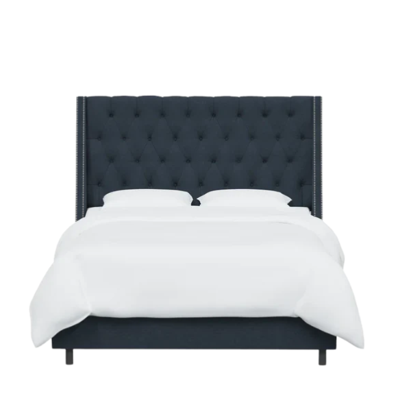 Chic Upholstered Wingback King Size Bed with Button Tufting and Nailhead Trim