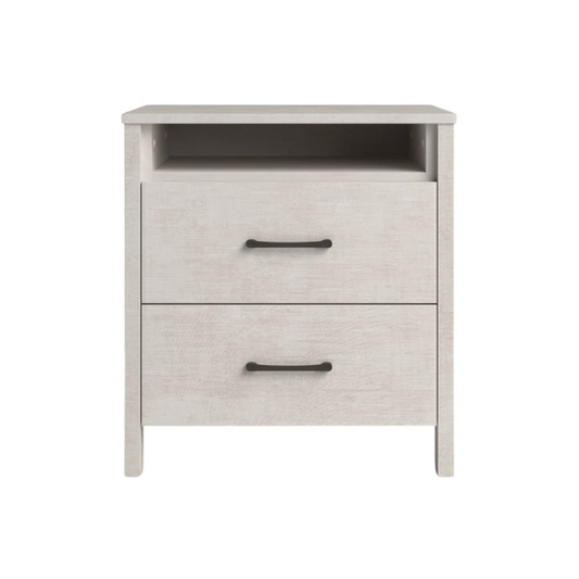 22.7" 2-Drawer Nightstand – Space-Saving Modern Minimalism, Engineered Wood with Clean-Lined Silhouette, Neutral Finish, Open Cubby & 2 Spacious Drawers for Bedroom Storage, Ideal for Tech & Accessories