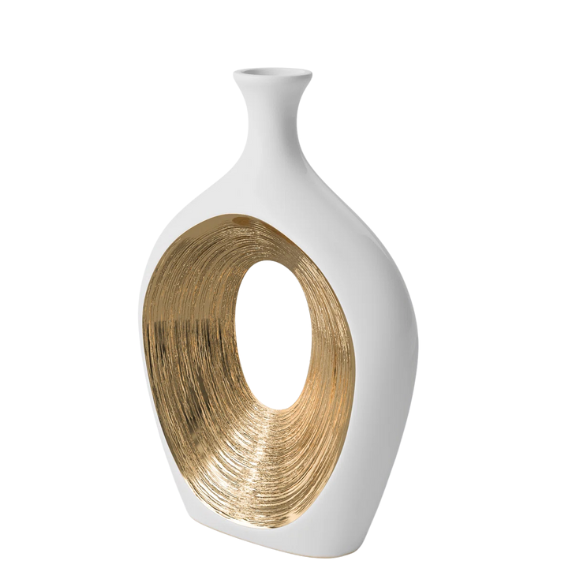 Abstract Sculptural Ceramic Vase with Unique Oval Cut-Out Design – 13" Modern Beaded Accent Vase for Tabletop or Shelf Décor, Ideal for Faux Florals and Statement Styling