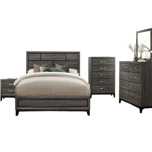 5-Piece Gray Modern Panel Bedroom Set with Wood Grain Accents & Nickel Metal Hardware