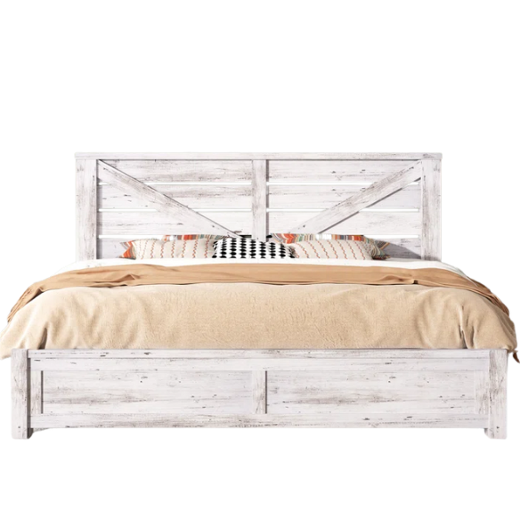 Farmhouse Classic Bed Frame with 49.2" Barn Door-Inspired Headboard, Ample Under-Bed Storage, Sturdy Metal Frame, and Silent Cotton Padding for Peaceful Sleep