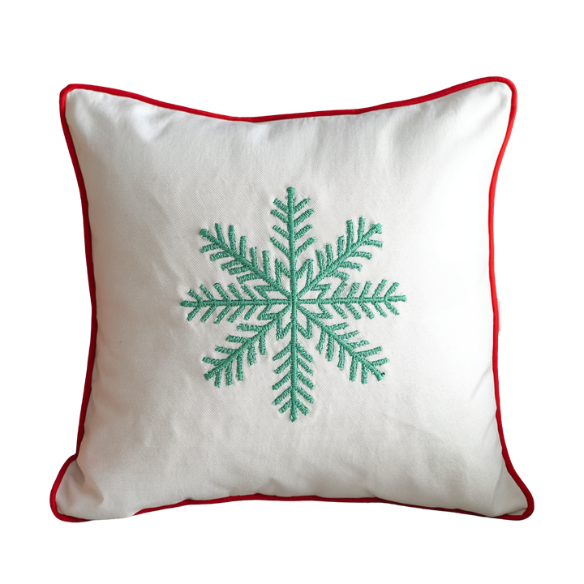 Festive White Throw Pillow with Red Piped Border & Green Snowflake