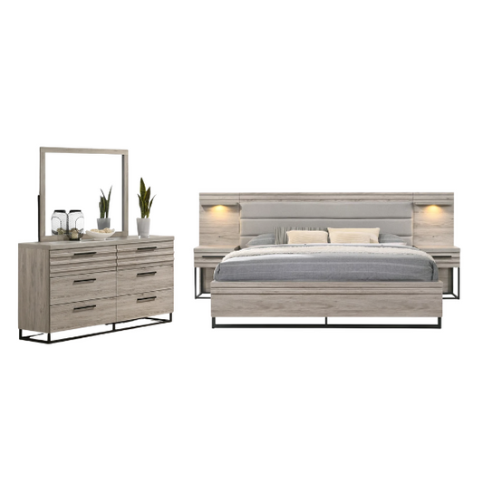Upholstered 5-Piece Bedroom Set with Weathered Gray Finish, LED Piers, and Functional Storage