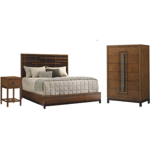 Solid Wood Standard Configurable Bedroom Set – Elegant Pan-Asian Fretwork Headboard with Dark Walnut Accents, Contrasting Back Panel, and Stylish Side Rails and Feet – Timeless Design for a Sophisticated Bedroom