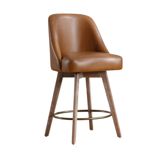 Modern Counter Height Swivel Bar Stool – Upholstered Faux Leather/Polyester Blend Seat, Solid Beech Wood Frame, Ergonomic High Back, Bronze Metal Footrest, 300lb Capacity for Kitchen, Bar, or Pub
