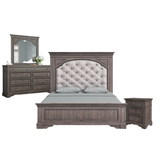 3-Piece Rustic Upholstered Panel Queen Bedroom Set in Driftwood Grey or Rustic Ivory – Includes Nightstand, Double Dresser with Mirror, and Button-Tufted Bed with Nailhead Trim