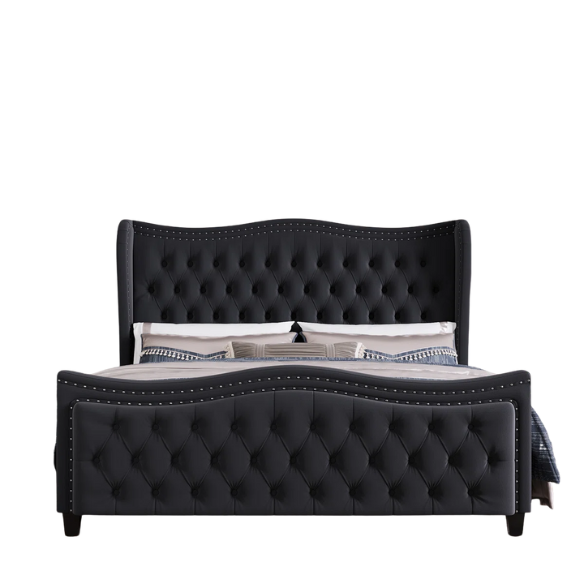 Gem-Tufted Queen Size Upholstered Wingback Bed with Curved Design