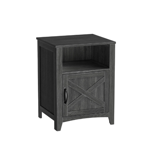 Farmhouse Nightstand with Cabinet & Open Compartment – Rustic Bedside Table, Distressed Finish, Barn Door Style, Matte Black Metal Handles, Flared Legs, Versatile Storage for Bedroom or Living Room