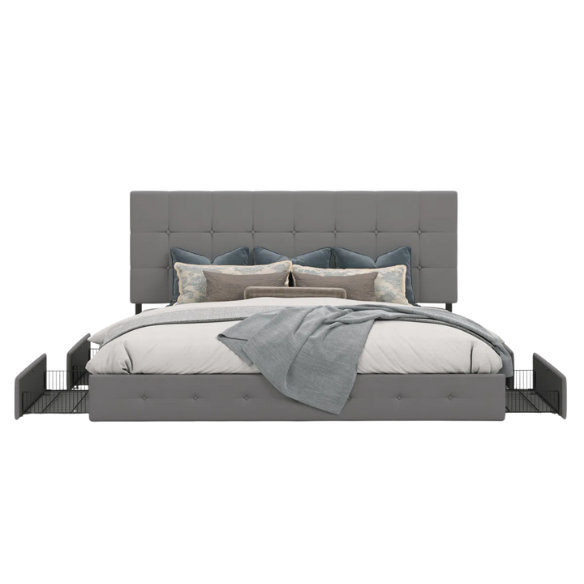 King Size Upholstered Platform Bed with Storage Drawers, Padded Headboard, and Sophisticated Button Tufting