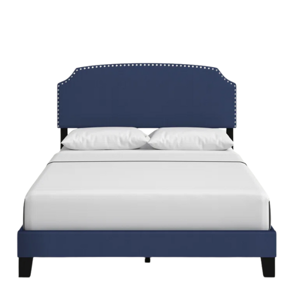 King Size Upholstered Standard Bed with Scooped Corner Headboard, Nailhead Trim, and Extra Support Feet – Classic Design with Adjustable Base Compatibility