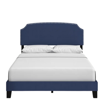 King Size Upholstered Standard Bed with Scooped Corner Headboard, Nailhead Trim, and Extra Support Feet – Classic Design with Adjustable Base Compatibility