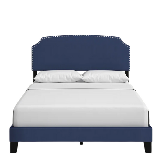 King Size Upholstered Standard Bed with Scooped Corner Headboard, Nailhead Trim, and Extra Support Feet – Classic Design with Adjustable Base Compatibility