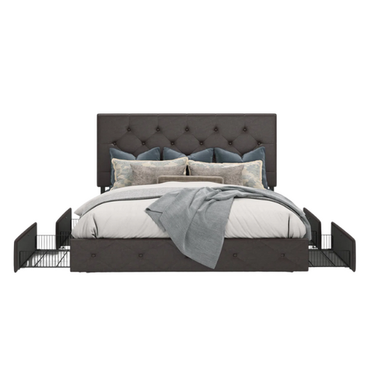 Button Tufted Upholstered Platform Storage Bed – Full Double Size with Spacious Drawers