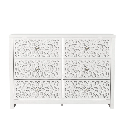 Boho-Inspired 45.4" 6-Drawer Dresser with Distressed Finish and Openwork Floral Details