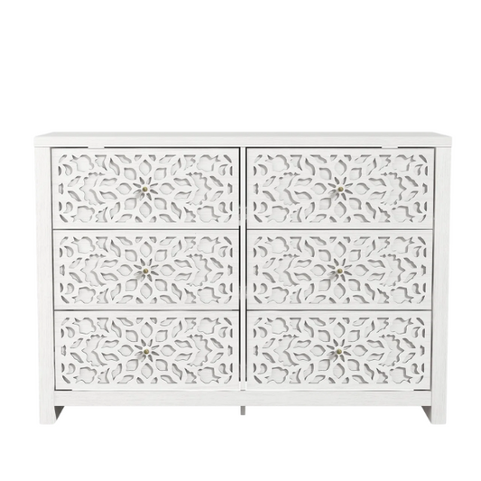 Boho-Inspired 45.4" 6-Drawer Dresser with Distressed Finish and Openwork Floral Details
