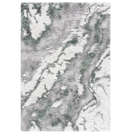 Plush Abstract Green, Grey, and White Pattern Shag Rug