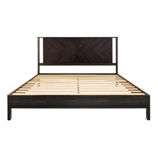 Solid Wood Platform King Size Bed with Headboard and Sturdy Steel Frame, Rustic Design