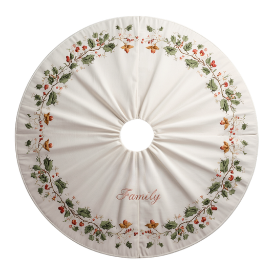 Off-White Christmas Tree Skirt featuring an Embroidered Green &  Red Holly Wreath