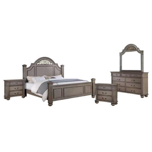 Elegant Traditional 5-Piece Grey Wood Poster Bedroom Set with Fluted Columns, Carved Floral Accents, and Bell-Shaped Headboard