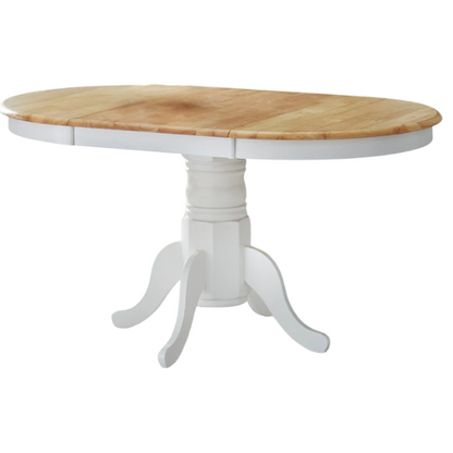 Farmhouse Solid Rubberwood Dining Table with 22-Inch Extension Leaf – Pedestal Base, Seats 6, Available in Oak, Matte Black, White/Natural, Grey/Walnut Finishes