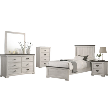 Luxurious Rustic Solid Wood 5-Piece Twin Bedroom Set: Cream & Brown Panel Bed, Dresser, Mirror, Nightstand, and Chest