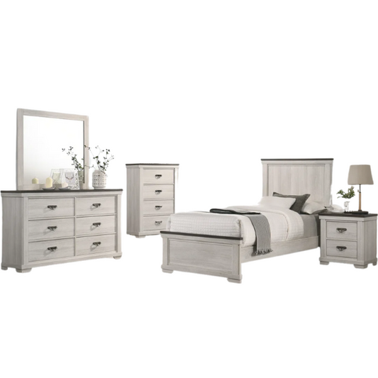 Luxurious Rustic Solid Wood 5-Piece Twin Bedroom Set: Cream & Brown Panel Bed, Dresser, Mirror, Nightstand, and Chest